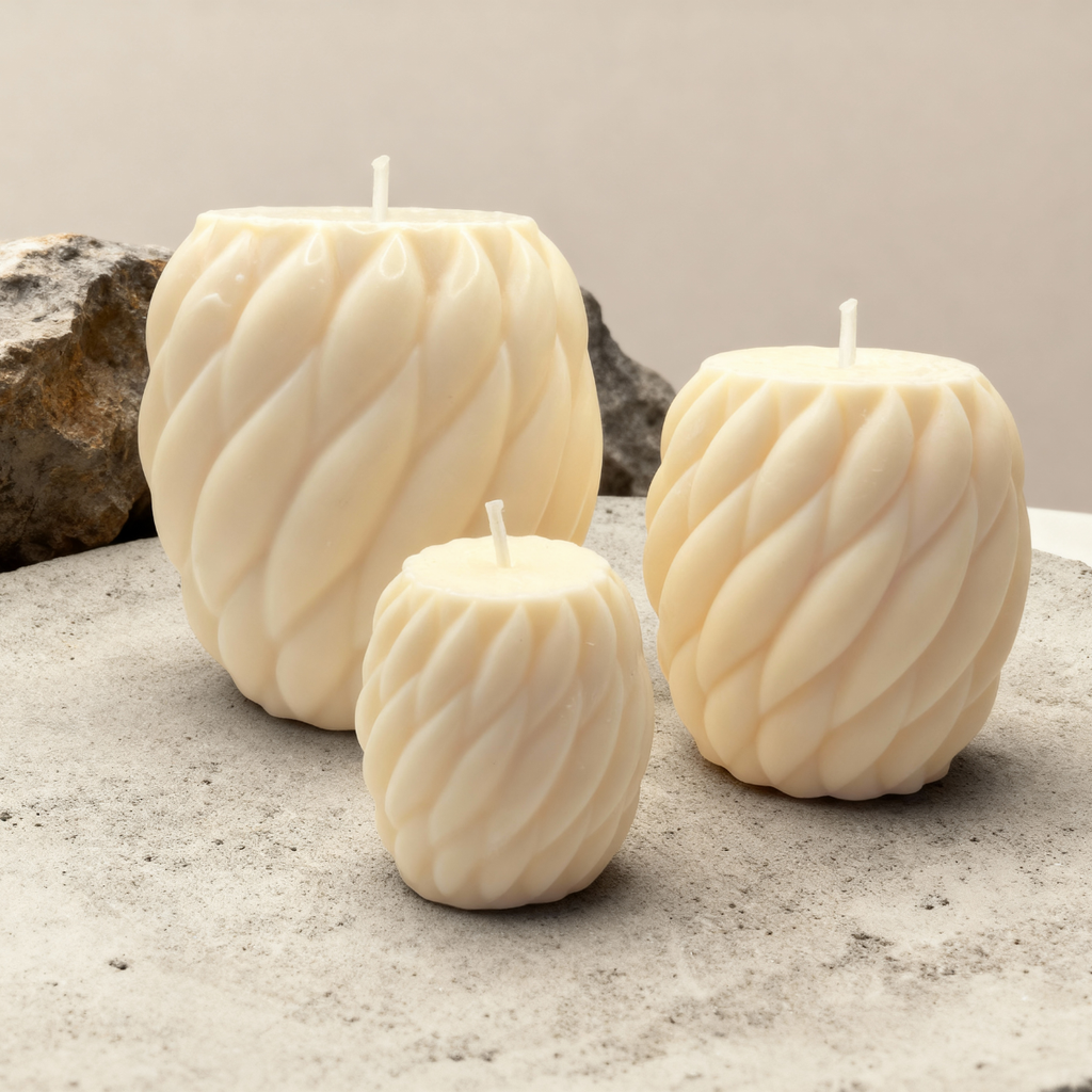 Decorative Soy Candle Set for Living Room, Pillar, Ball of Yarn S+M+L, Scented Blue Haze