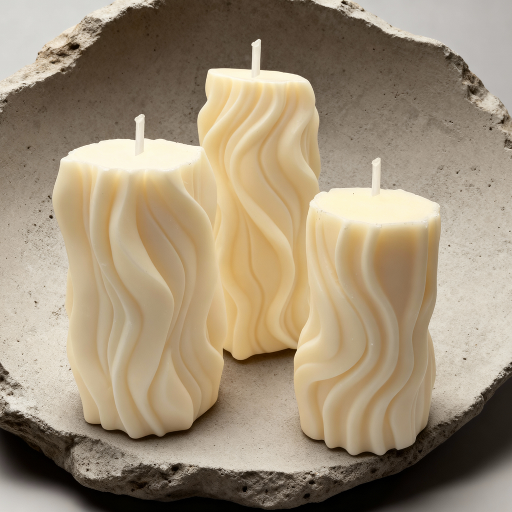 Decorative Soy Candle Set for Living Room, Pillar Waves S+M+L, Scented Blue Haze