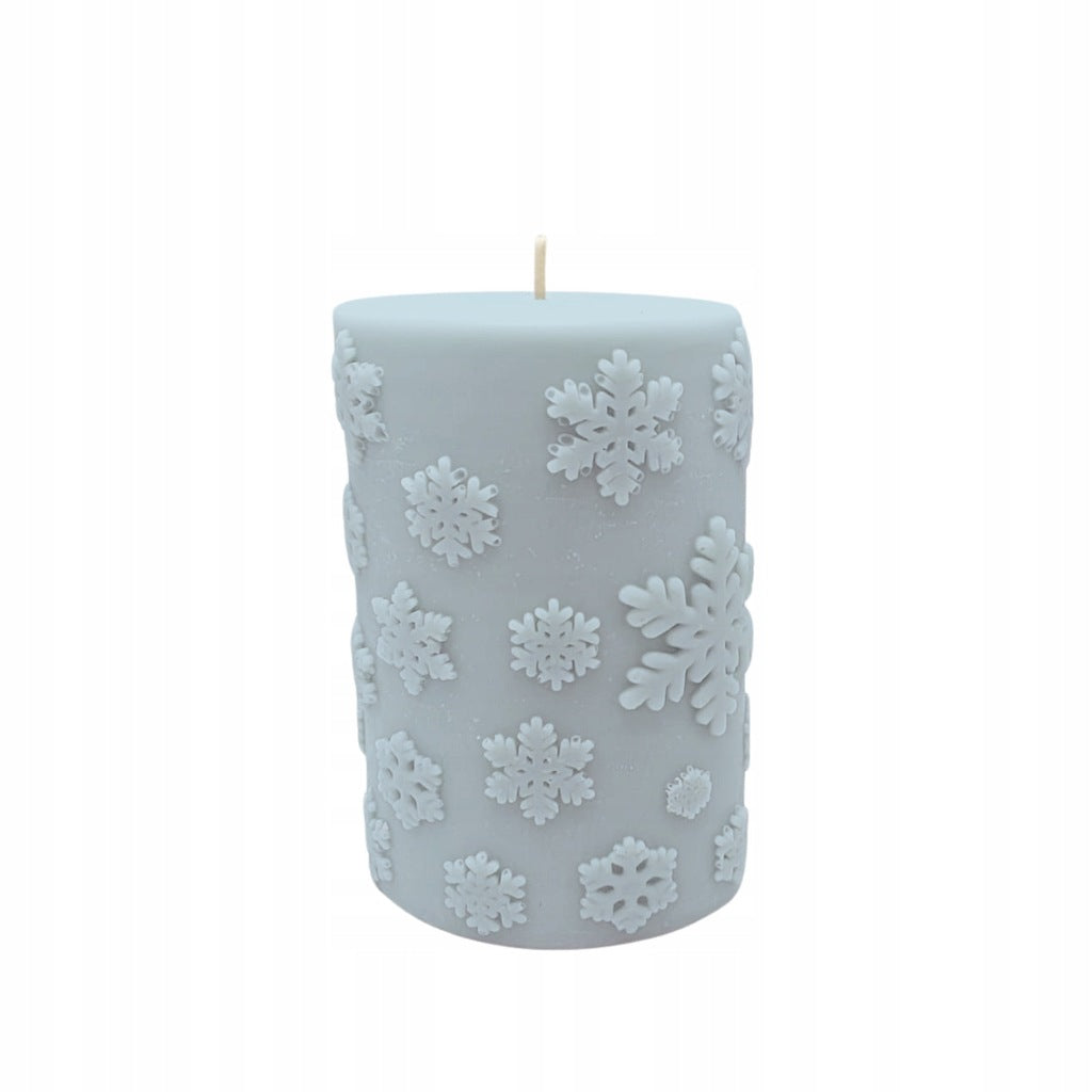 Vela navideña de soja Cilindro Copos de nieve Vela invernal 157g gris azulada