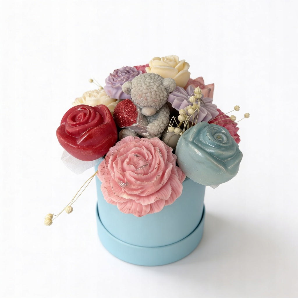 Flower Box Świece Bukiet ze świec AMORE Róże Goździki + Prezent Kominek Ceramiczny