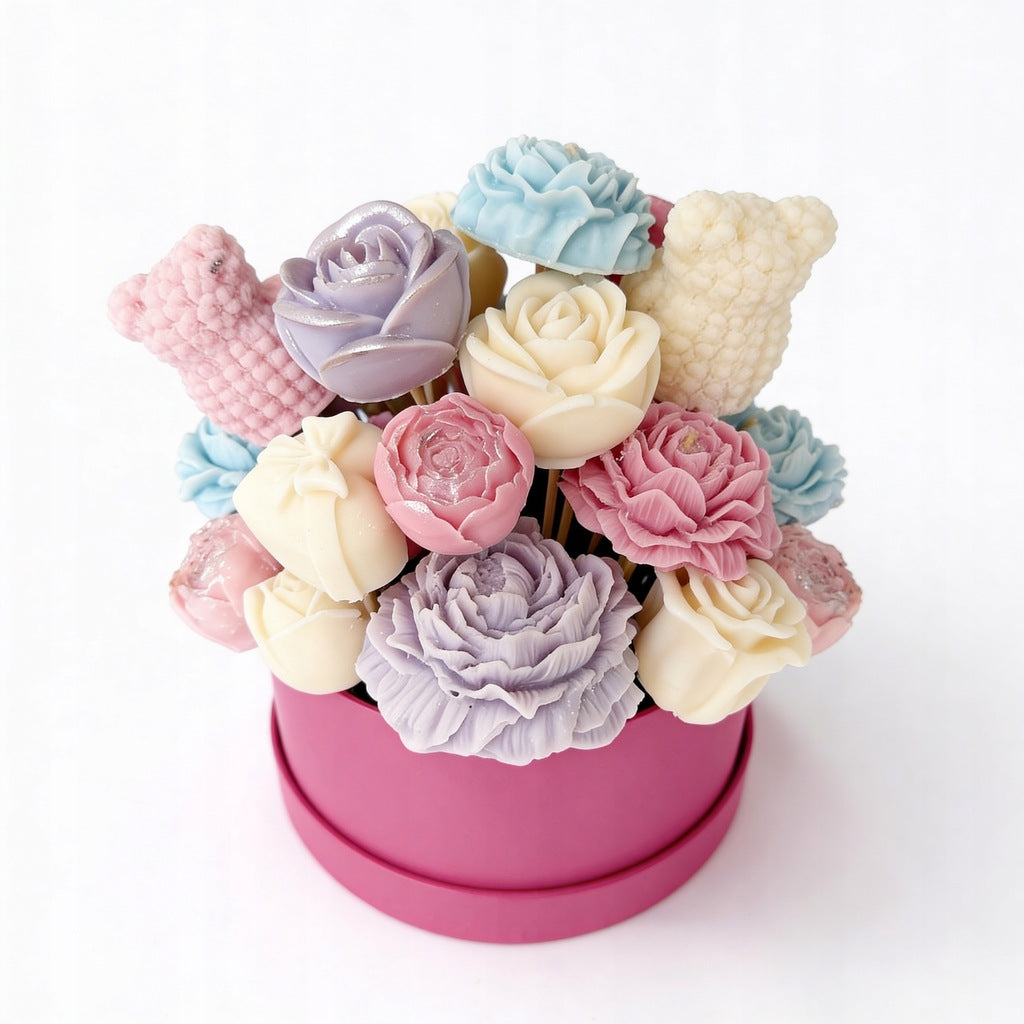 Flower Box Świece Bukiet ze świec BAJKOWY + Prezent Kominek Ceramiczny (31 elementów)