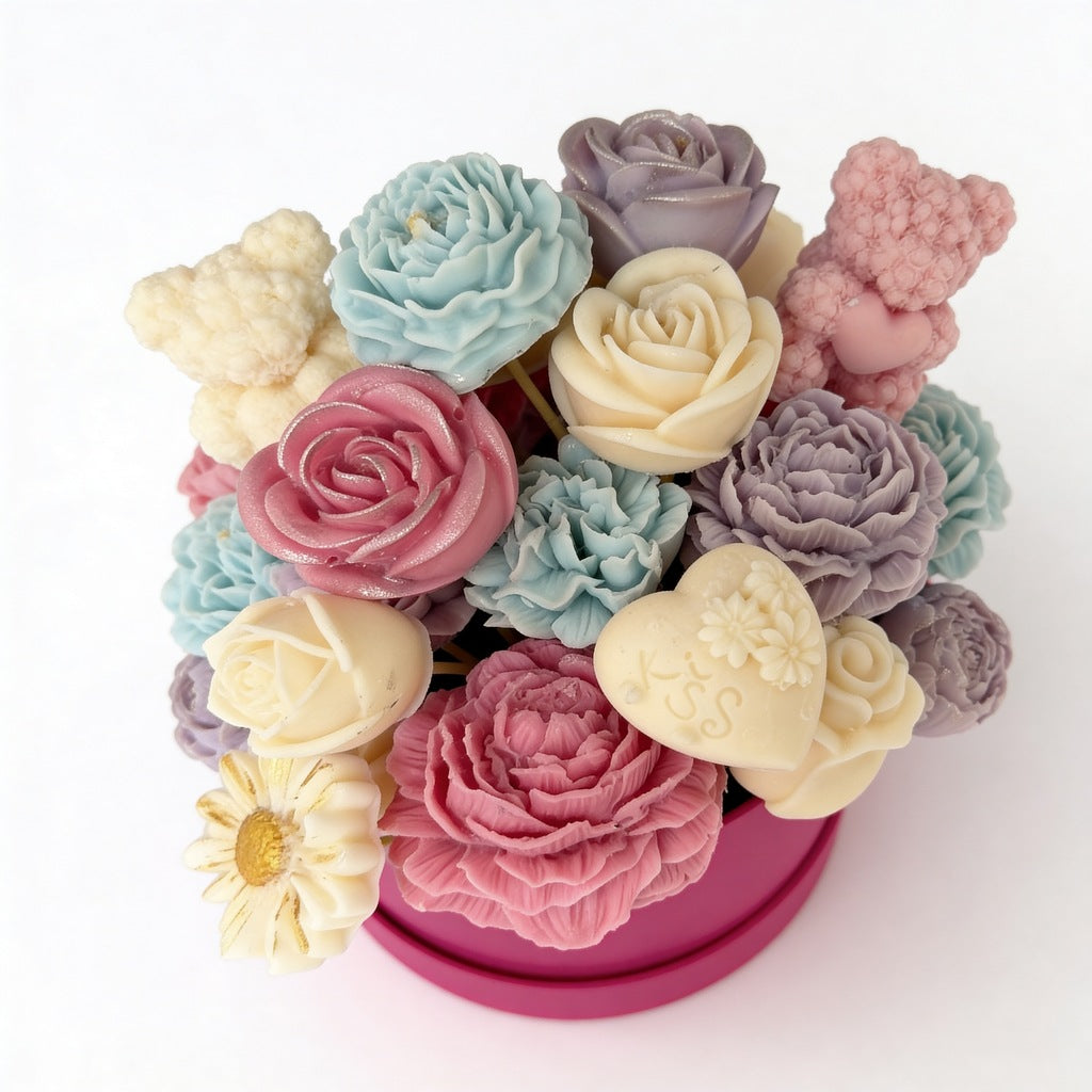 Flower Box Świece Bukiet ze świec BAJKOWY + Prezent Kominek Ceramiczny (31 elementów)