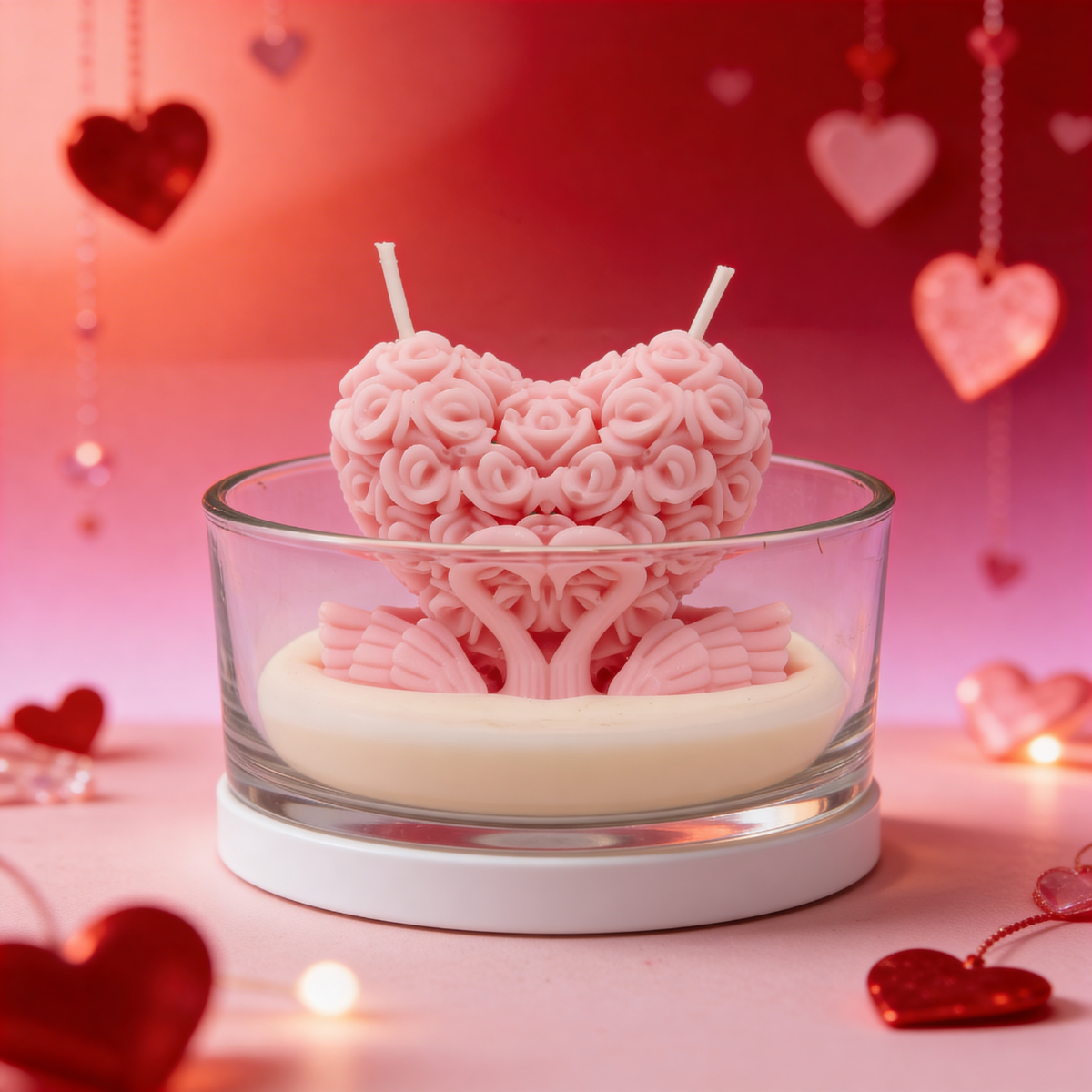 Vela decorativa de soja Pareja de cisnes en forma de corazón en vaso Rosa 200g