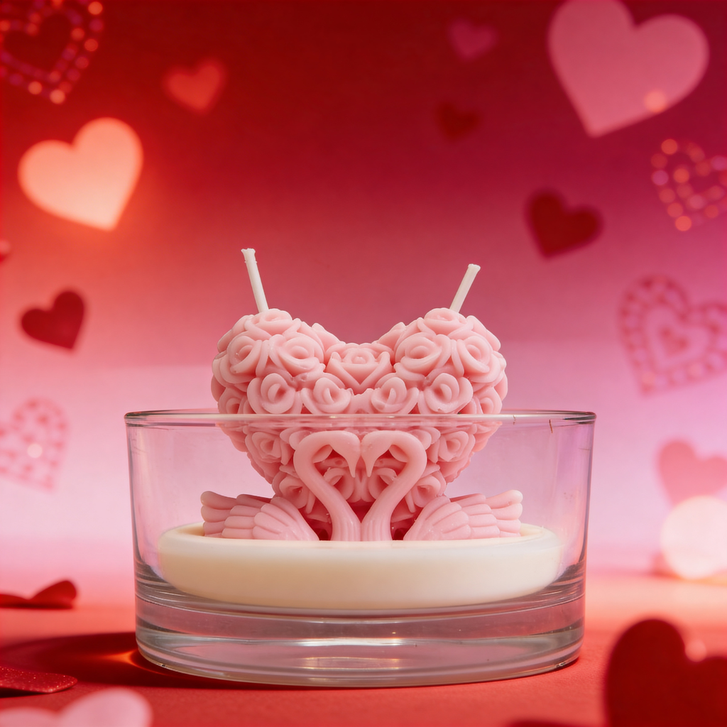 Vela decorativa de soja Pareja de cisnes en forma de corazón en vaso Rosa 200g