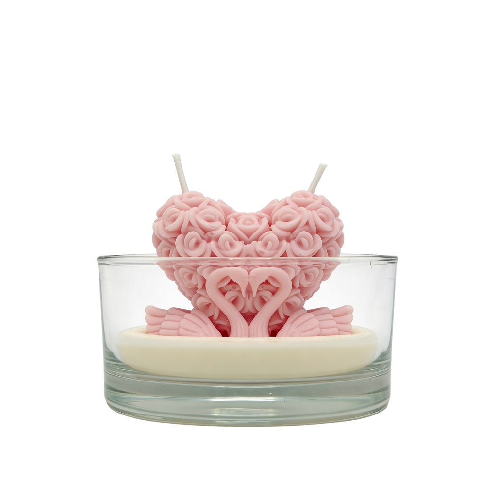 Vela decorativa de soja Pareja de cisnes en forma de corazón en vaso Rosa 200g