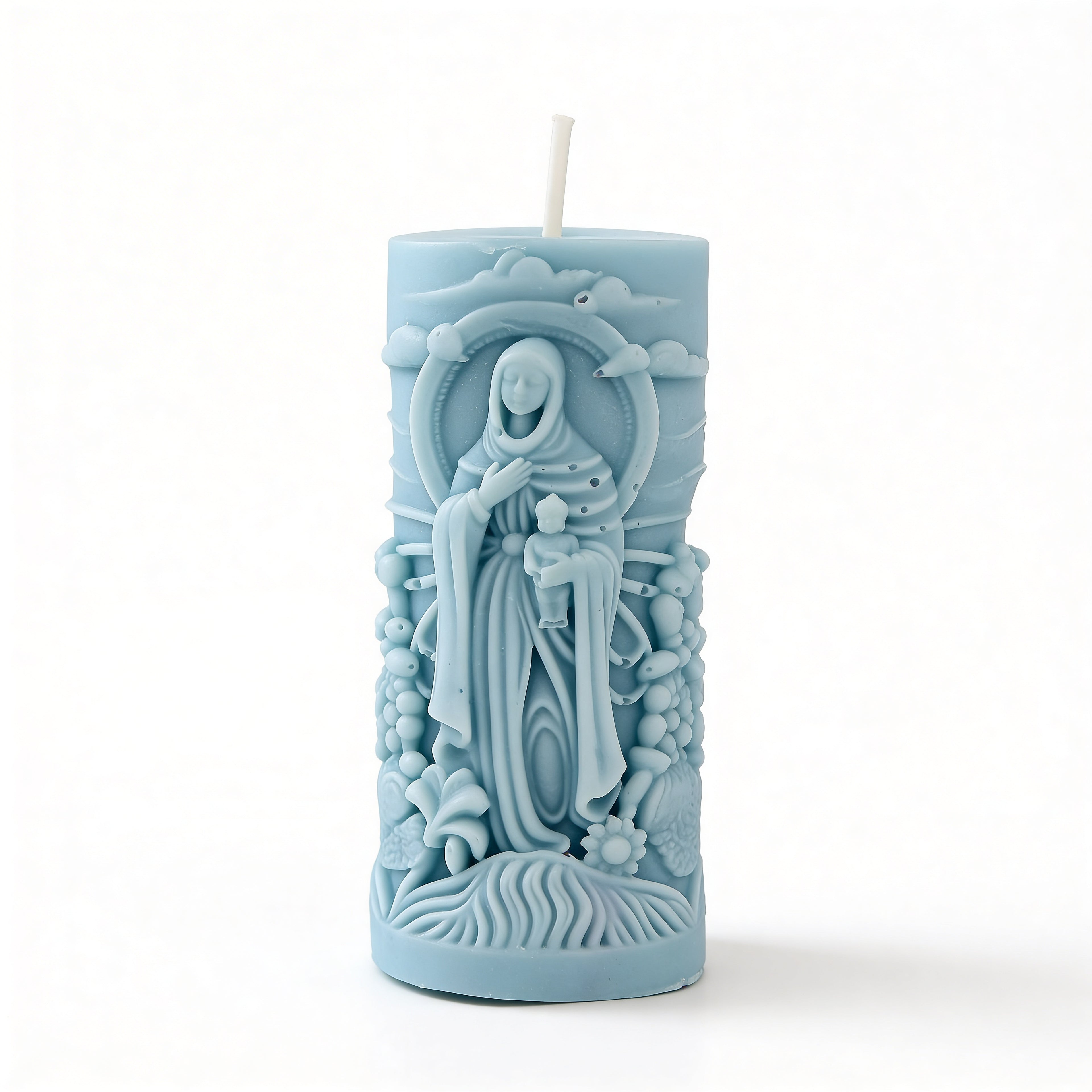 Ozdobna świeca sojowa walec Maryja z Dzieciątkiem i Mama z Dzieckiem Niebieska