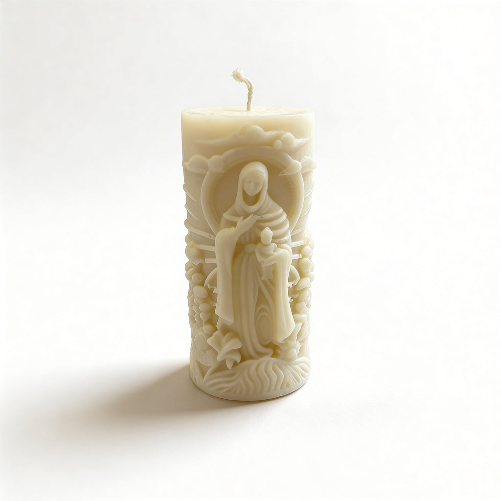 Vela decorativa de soja cilíndrica María con el Niño y Mamá con Niño (doble cara)