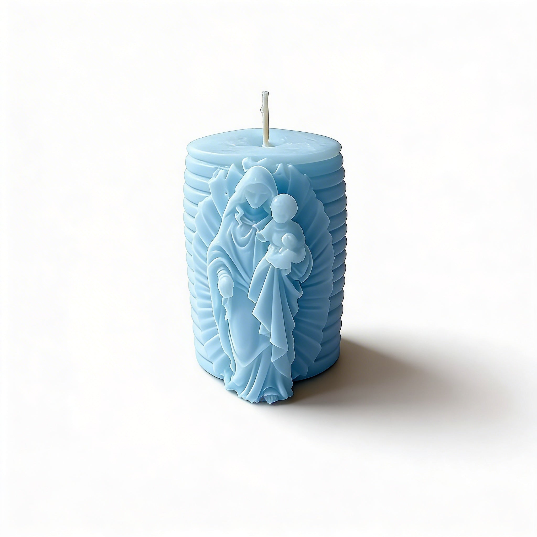 Ozdobna świeca sojowa walec Maryja z Dzieciątkiem niebieska