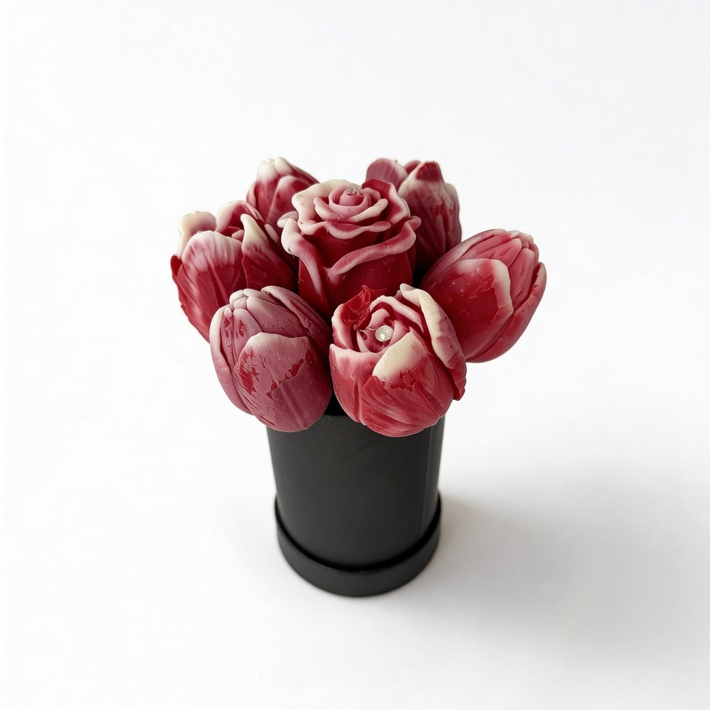 Flower Box Gyertyák Csokor Gyertyákból Rózsák és Tulipánok Piros + Ajándék Kerámia Kandalló