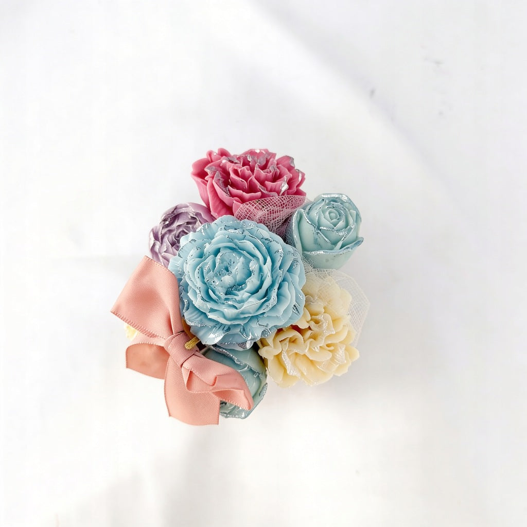 Flower Box Świece Bukiet ze świec Goździki i Róże Błękitny + Prezent Kominek Ceramiczny