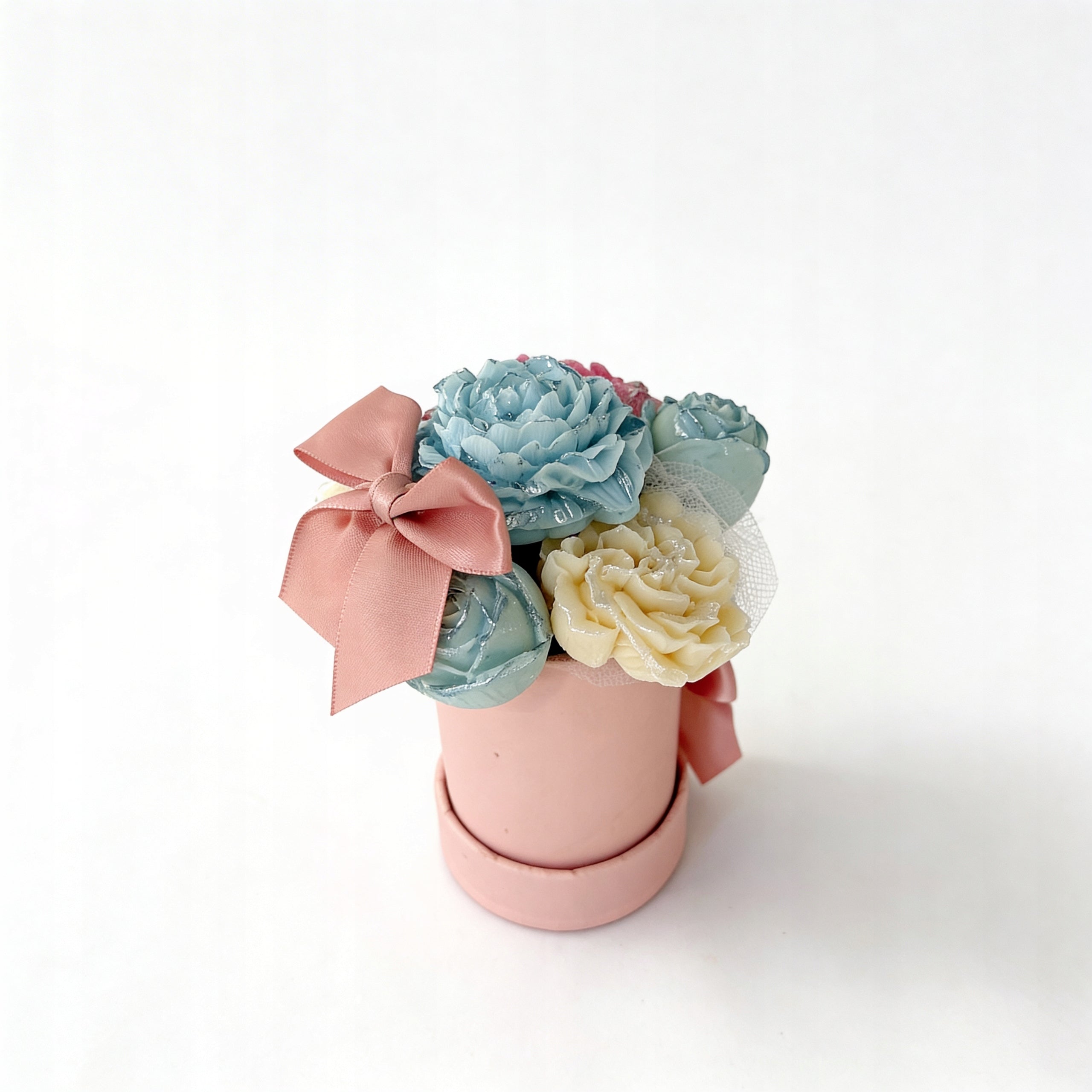 Flower Box Świece Bukiet ze świec Goździki i Róże Błękitny + Prezent Kominek Ceramiczny