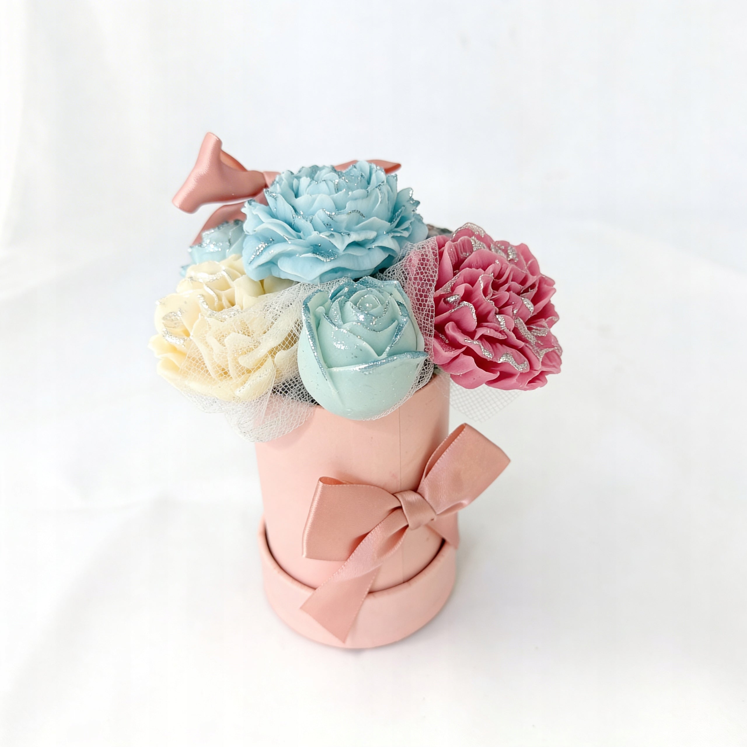 Flower Box Świece Bukiet ze świec Goździki i Róże Błękitny + Prezent Kominek Ceramiczny