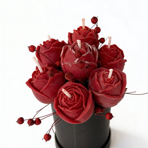 Flower Box Kerzen Strauß aus Kerzen Rosen Rot + Geschenk Keramik-Kamin