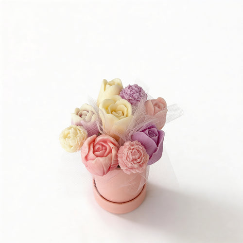 Blumenbox Kerzen Strauß aus Kerzen Pastellfarbene Tulpen und Rosen + Geschenk Keramik-Ofen