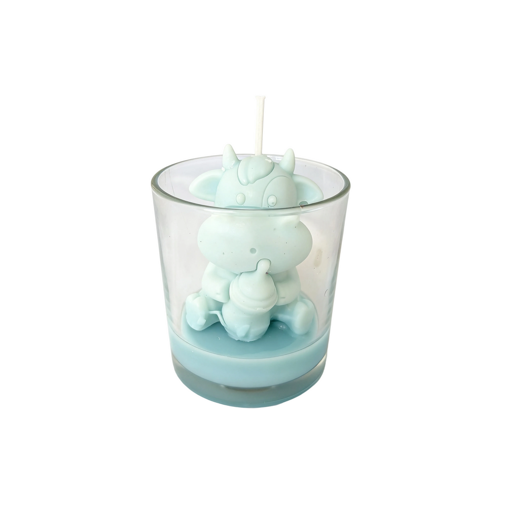 Lumânare de soia în pahar Baby Shower Văcuță cu sticluță Albastră