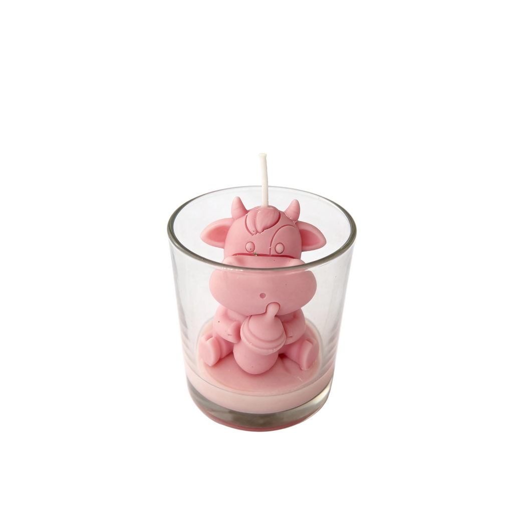 Lumânare de soia în pahar Baby Shower Văcuță cu sticluță Roz