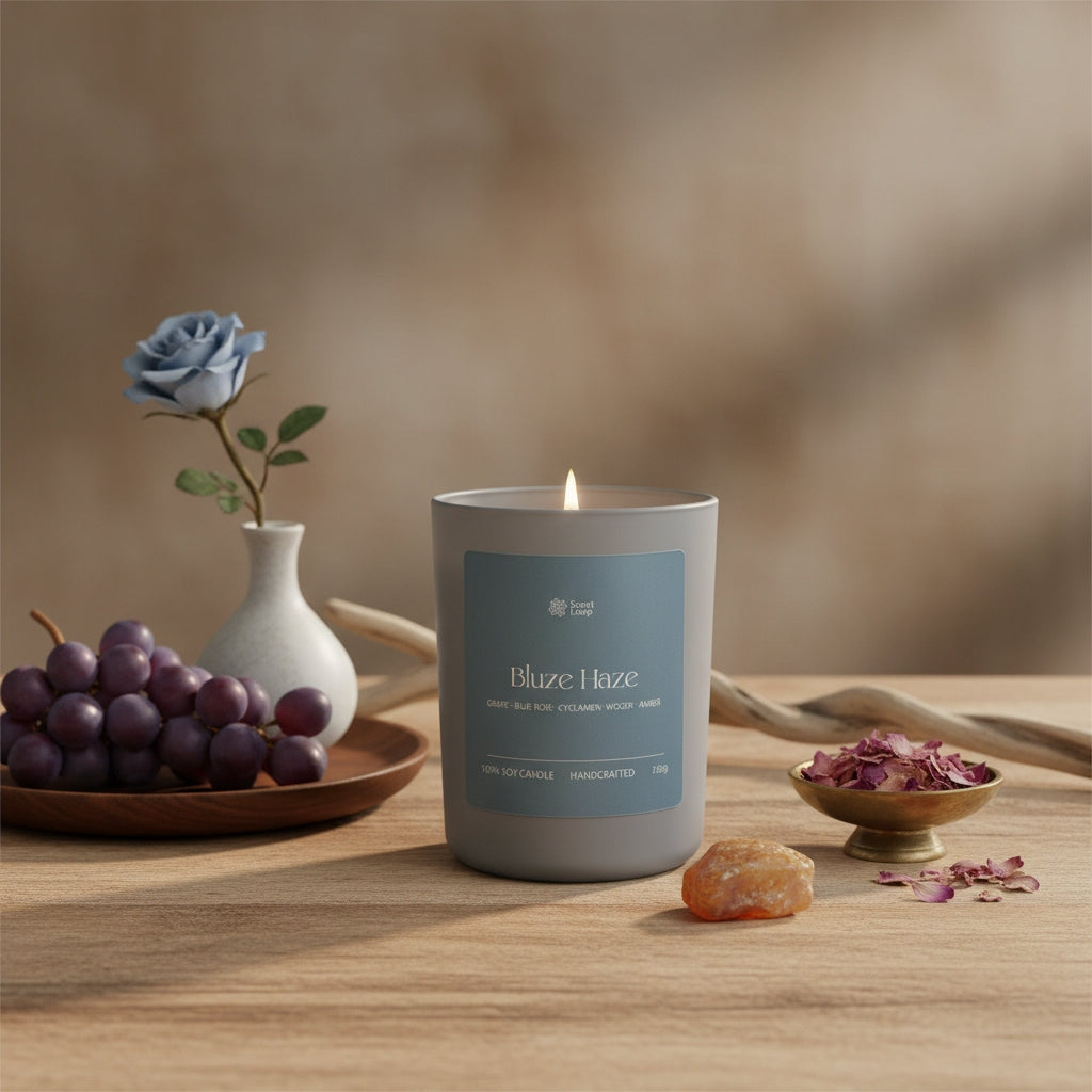 Vonná sójová svíčka Blue Haze hrozny, pomeranč, jablko a ambra Regular 150g