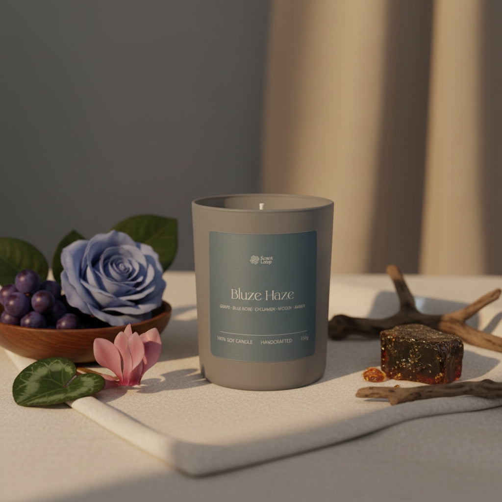 Vonná sójová svíčka Blue Haze hrozny, pomeranč, jablko a ambra Regular 150g