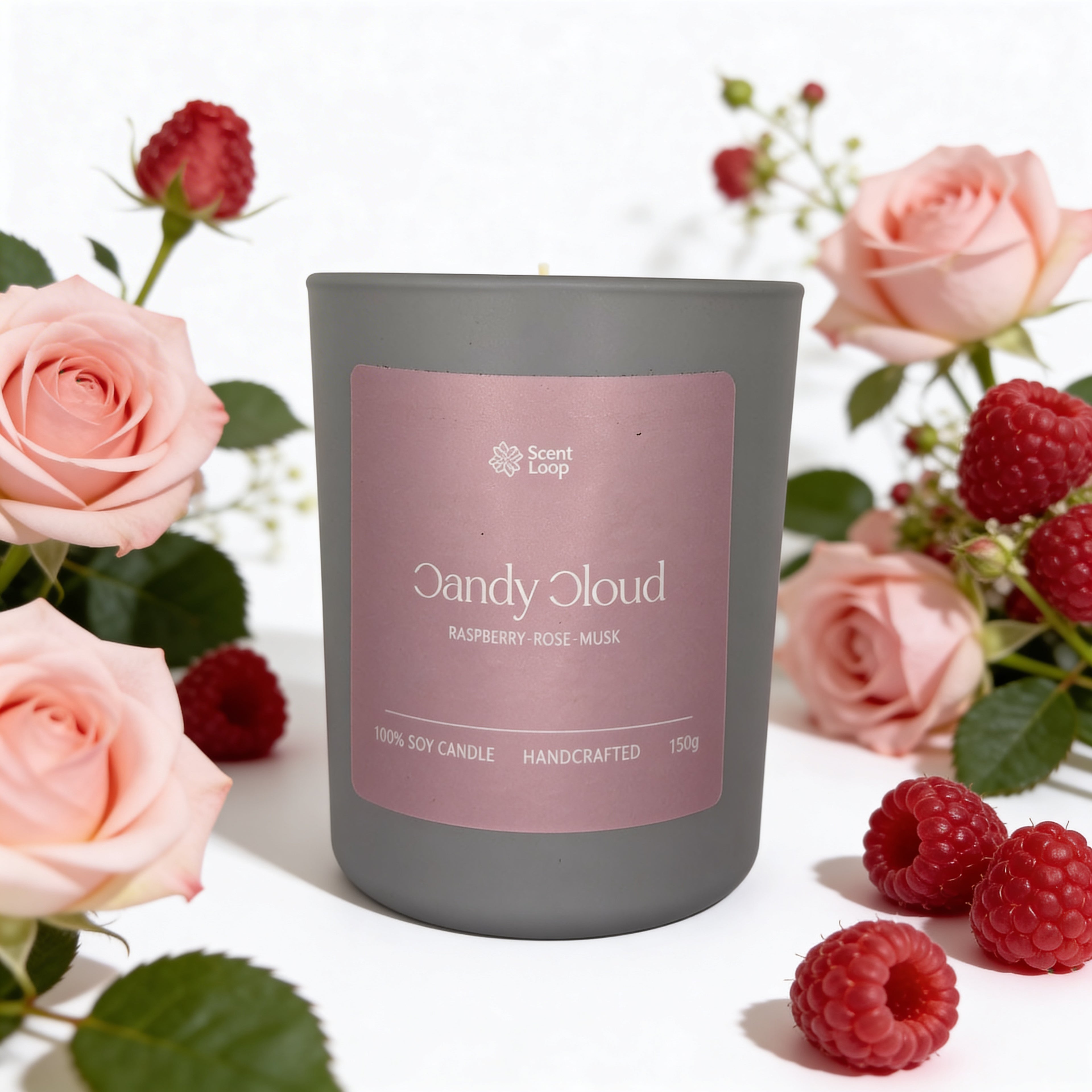 Świeca sojowa zapachowa Candy Cloud malina, róża i białe piżmo Regular 150g