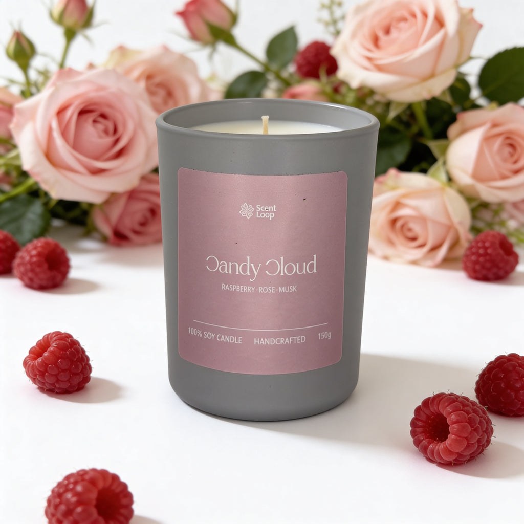 Duftende Sojakerze Candy Cloud Himbeere, Rose und weißer Moschus Regular 150g