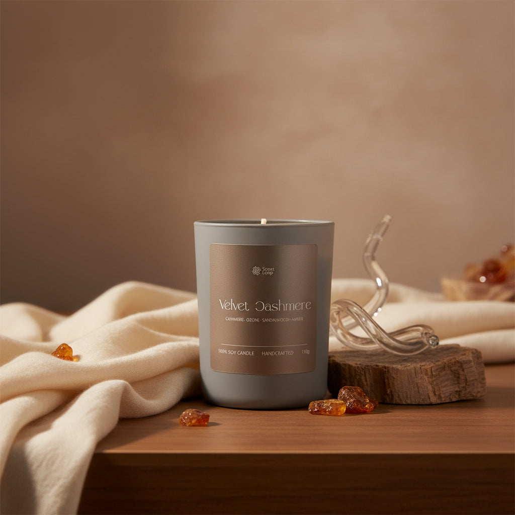 Vela de soja aromática Velvet Cashmere Regular jazmín, lima, ozono y almizcle 150g