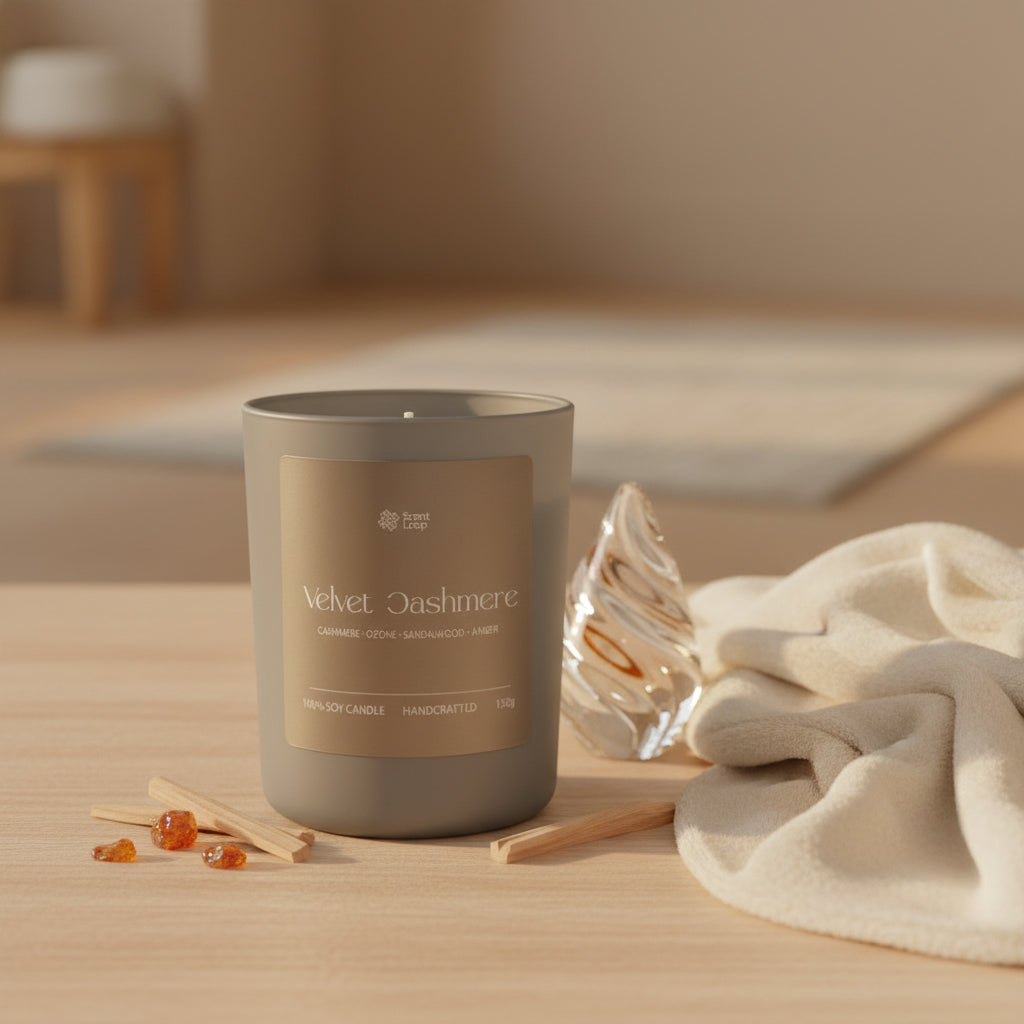 Vela de soja aromática Velvet Cashmere Regular jazmín, lima, ozono y almizcle 150g