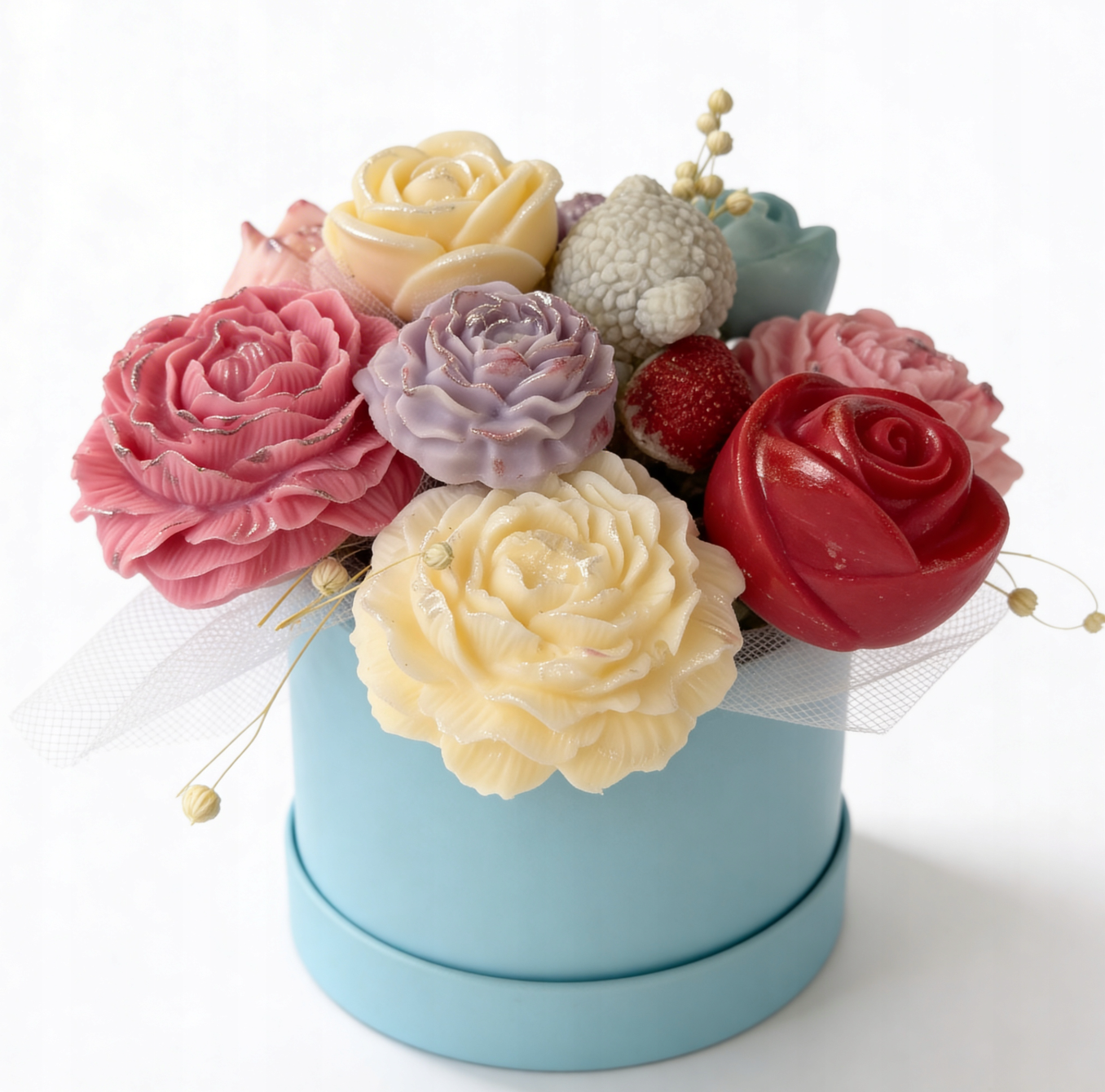 Flower Box Świece Bukiet ze świec AMORE Róże Goździki + Prezent Kominek Ceramiczny