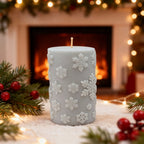 Vela navideña de soja Cilindro Copos de nieve Vela invernal 157g gris azulada