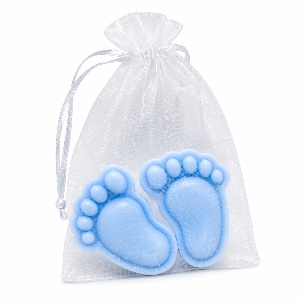 Sojakerze „Blaue Füßchen“ für eine Babyshower-Party für Jungen, Duft „Soft Linen“, 50 g