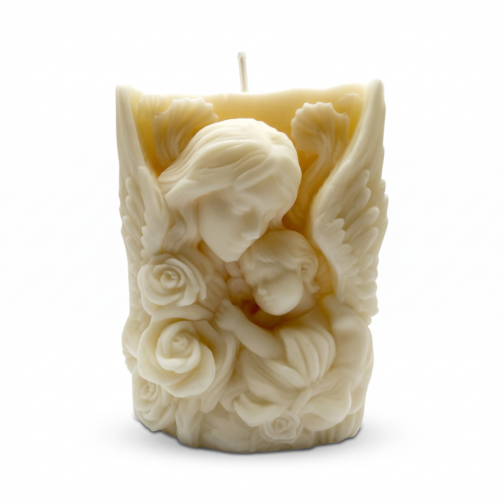 Decorative Soy Candle LOVE OF A MOTHER featuring a mother and child motif against angel wings, Vanilla scent, 230g