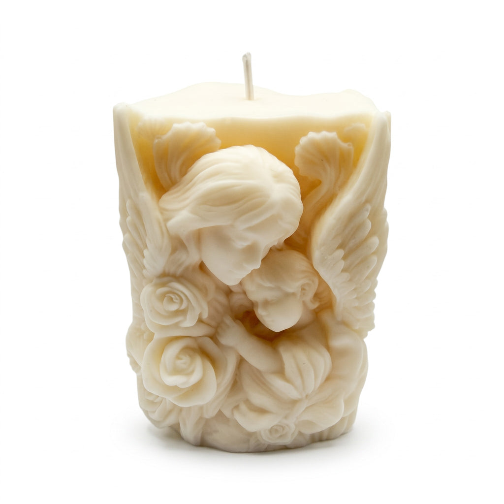 Decorative Soy Candle LOVE OF A MOTHER featuring a mother and child motif against angel wings, Vanilla scent, 230g