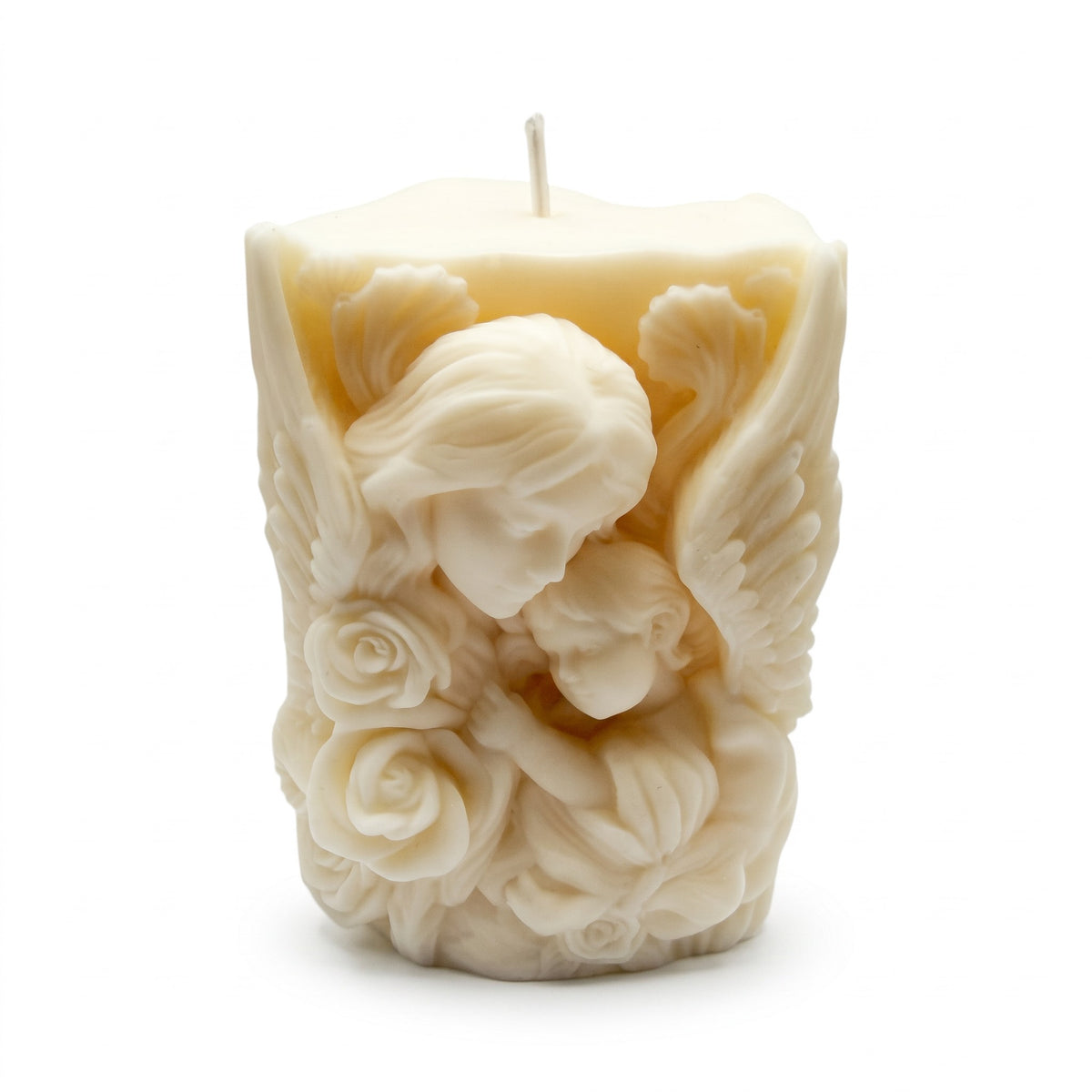 Decorative Soy Candle LOVE OF A MOTHER featuring a mother and child motif against angel wings, Vanilla scent, 230g