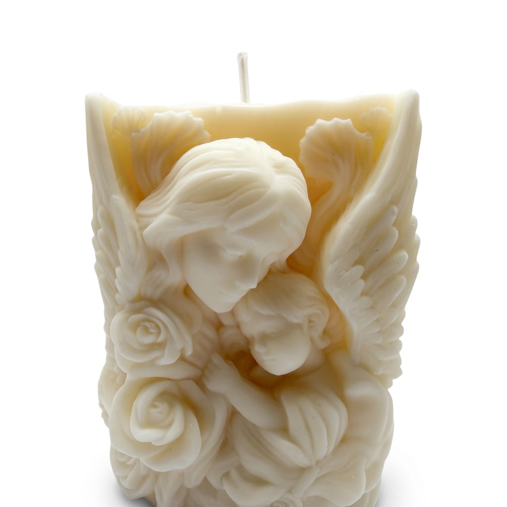 Decorative Soy Candle LOVE OF A MOTHER featuring a mother and child motif against angel wings, Vanilla scent, 230g