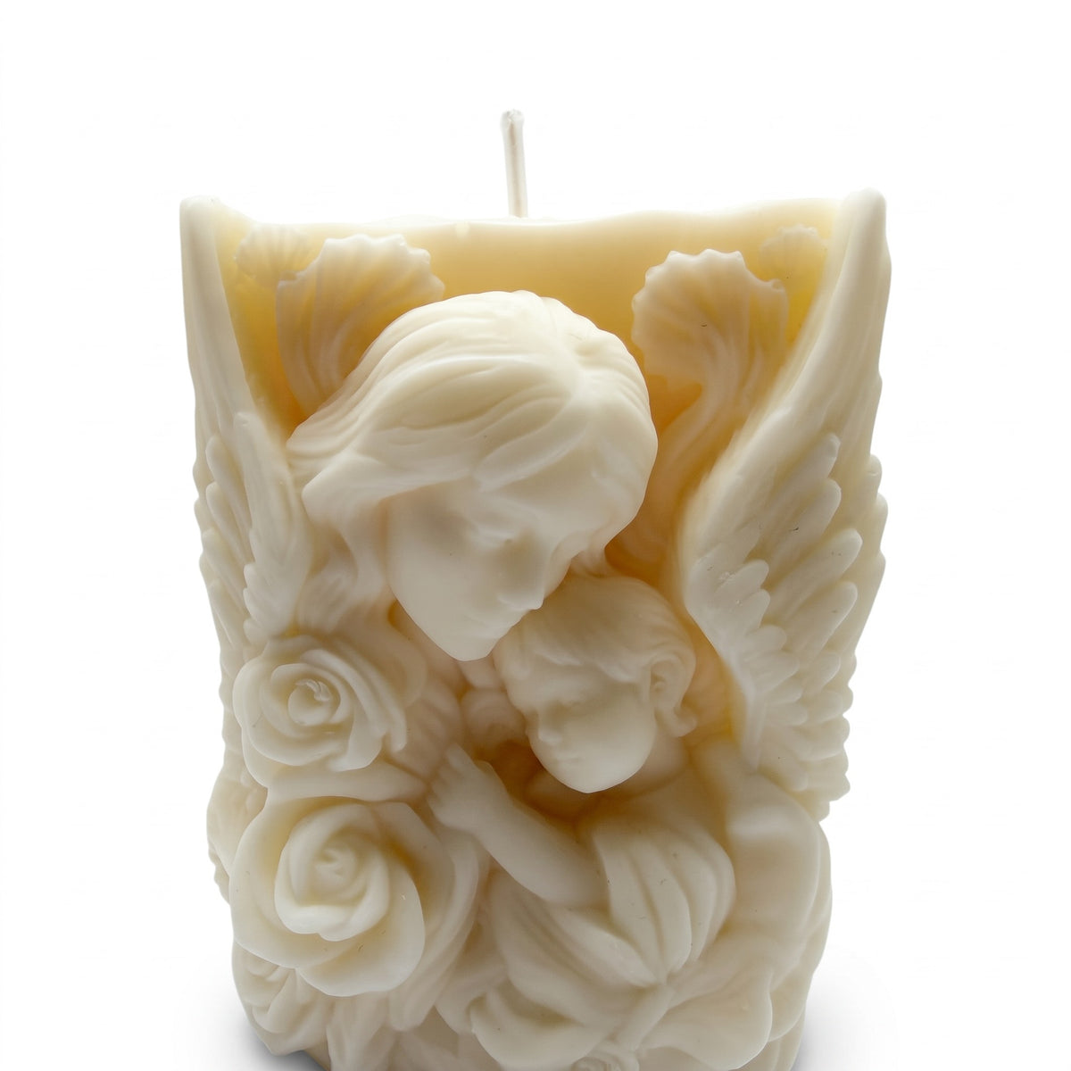 Decorative Soy Candle LOVE OF A MOTHER featuring a mother and child motif against angel wings, Vanilla scent, 230g