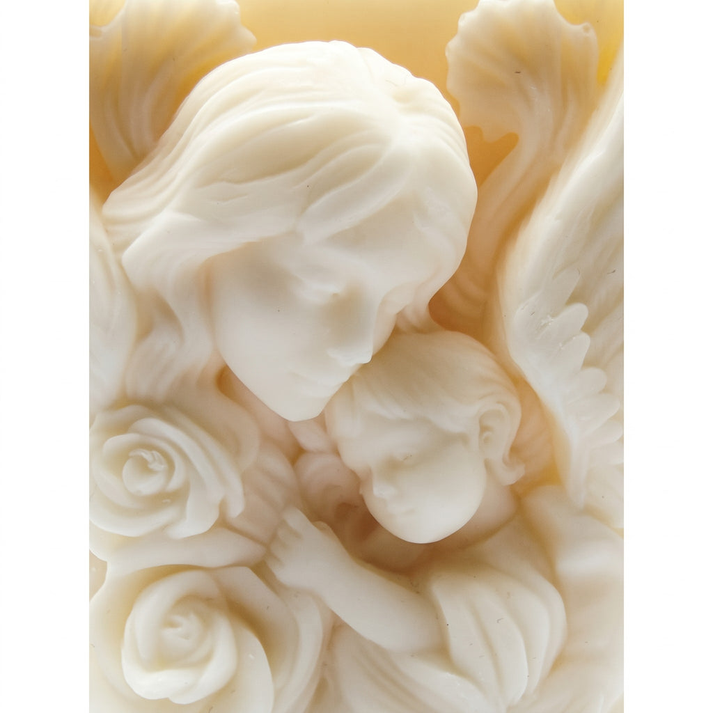 Decorative Soy Candle LOVE OF A MOTHER featuring a mother and child motif against angel wings, Vanilla scent, 230g