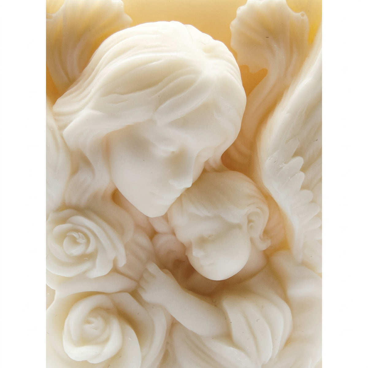 Decorative Soy Candle LOVE OF A MOTHER featuring a mother and child motif against angel wings, Vanilla scent, 230g