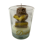 Decoratieve sojakaars bedankje Uil met boek in beschilderd glas Vanille tot 45u 180g