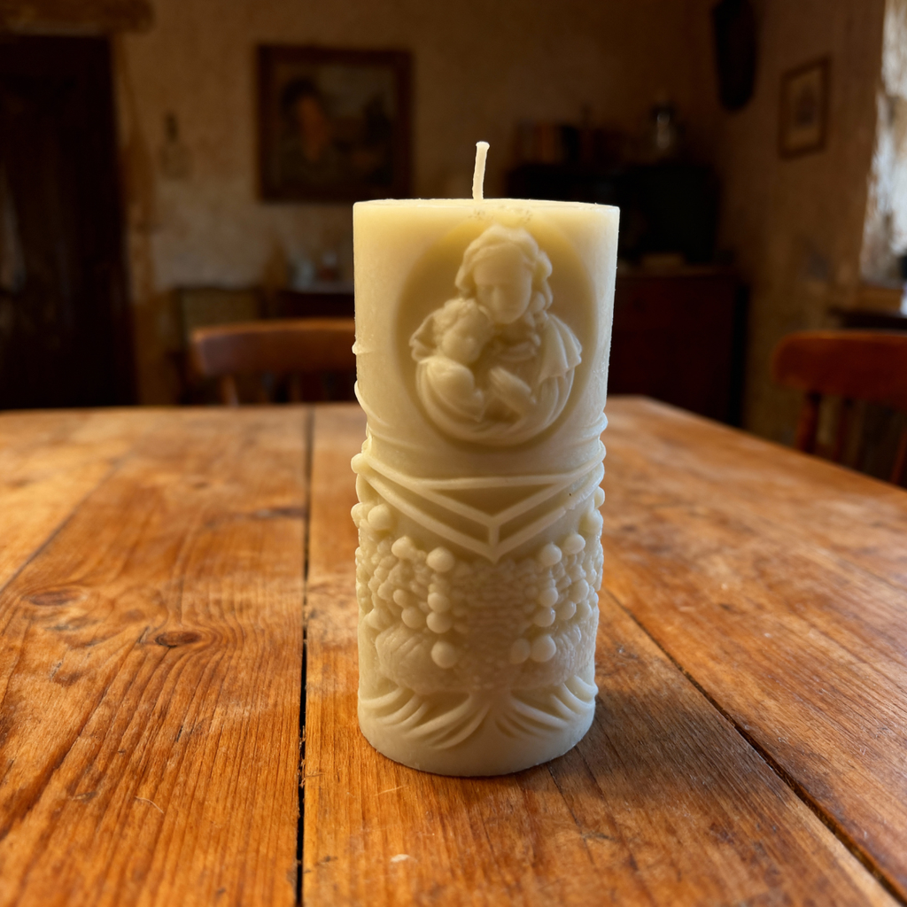 Vela decorativa de soja cilíndrica María con el Niño y Mamá con Niño (doble cara)
