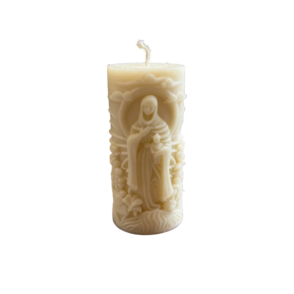 Vela decorativa de soja cilíndrica María con el Niño y Mamá con Niño (doble cara)