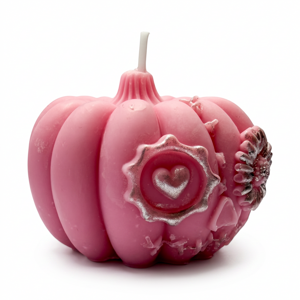 Halloween soy candle, pink pumpkin figurine, hand-painted, Pumpkin Spice scent, 150g