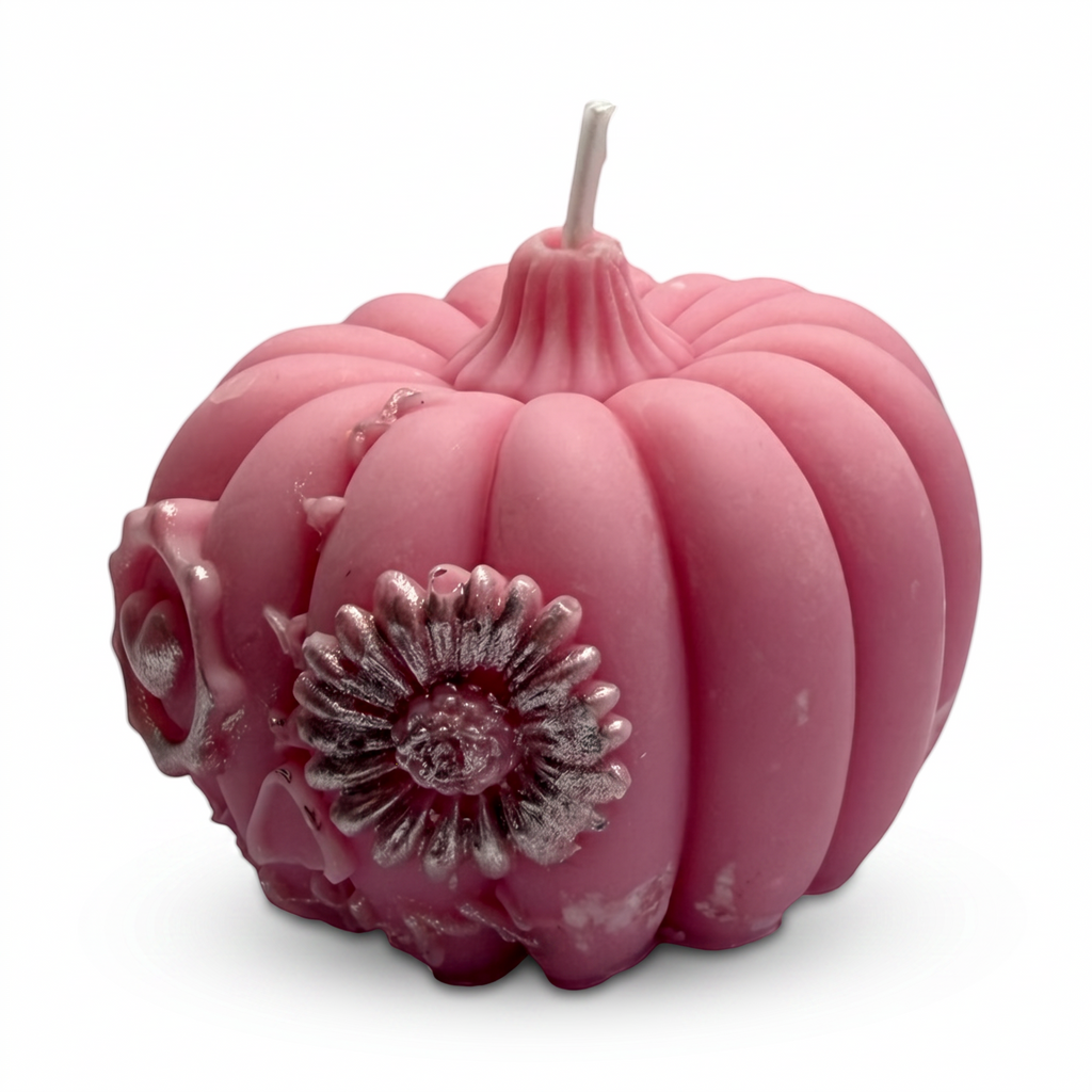Halloween soy candle, pink pumpkin figurine, hand-painted, Pumpkin Spice scent, 150g