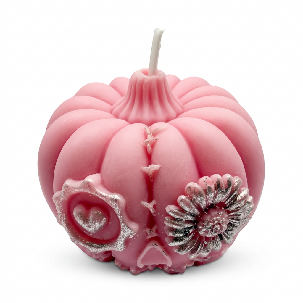 Halloween soy candle, pink pumpkin figurine, hand-painted, Pumpkin Spice scent, 150g