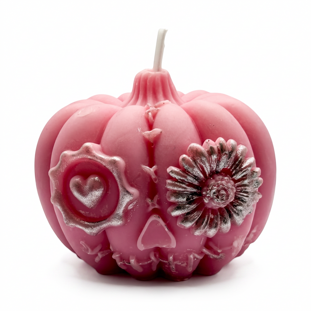 Halloween soy candle, pink pumpkin figurine, hand-painted, Pumpkin Spice scent, 150g