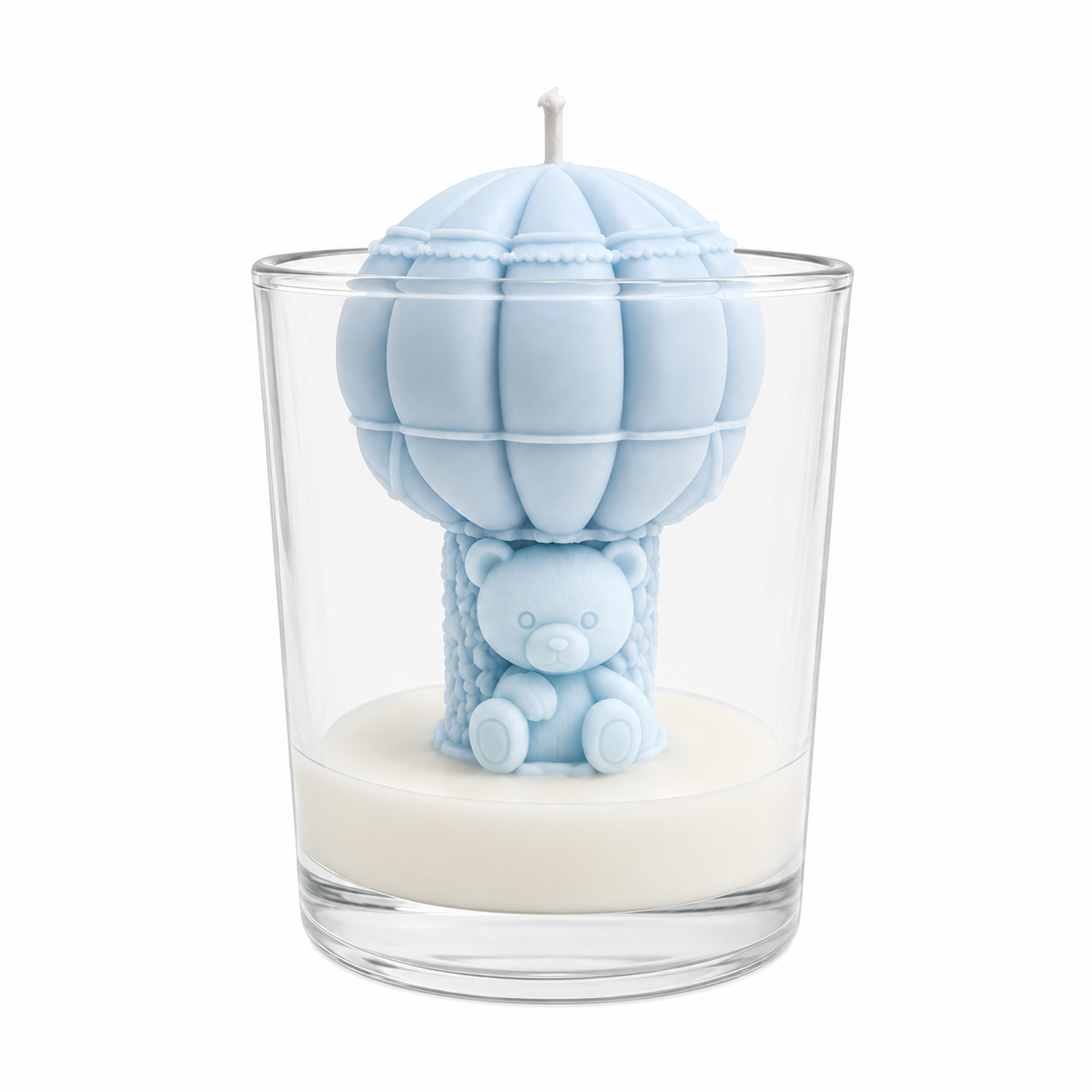 Sojakaars als babyshowercadeau Balon Beer blauw, geur Soft Linen, in glas 250 g