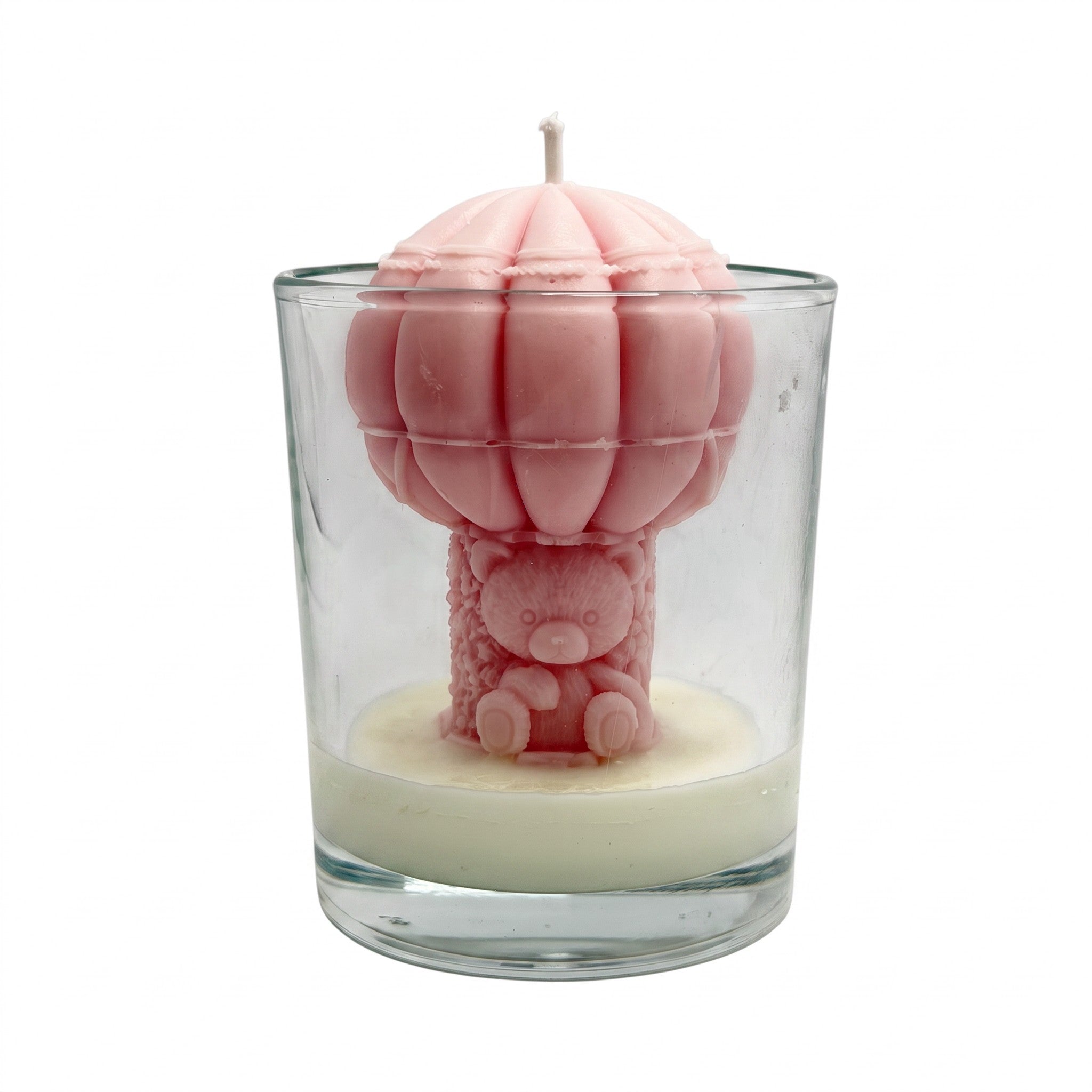 Candela di soia regalo per baby shower “Orsetto con palloncino” rosa, profumo Soft Linen, in vetro, 250 g