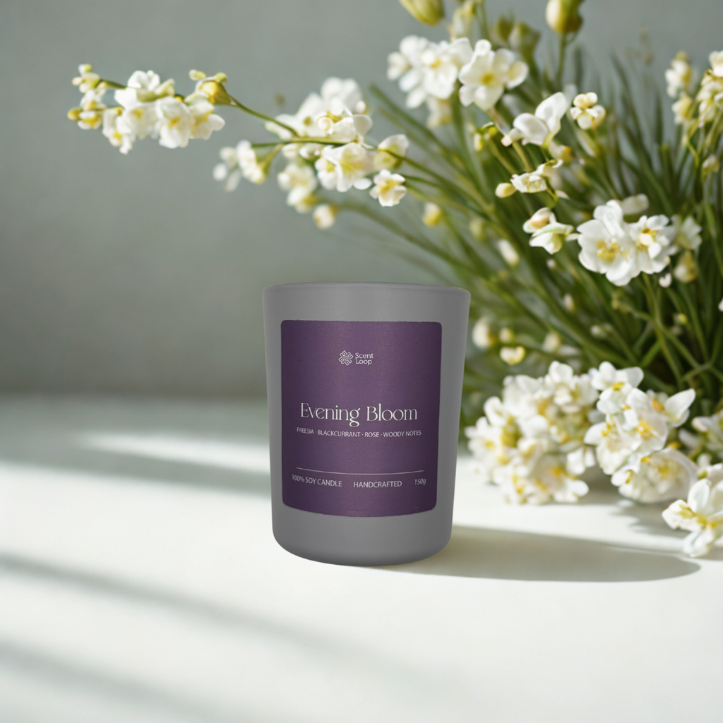 Świeca sojowa zapachowa Evening Bloom frezja, czarna porzeczka i drzewne nuty Regular 150g