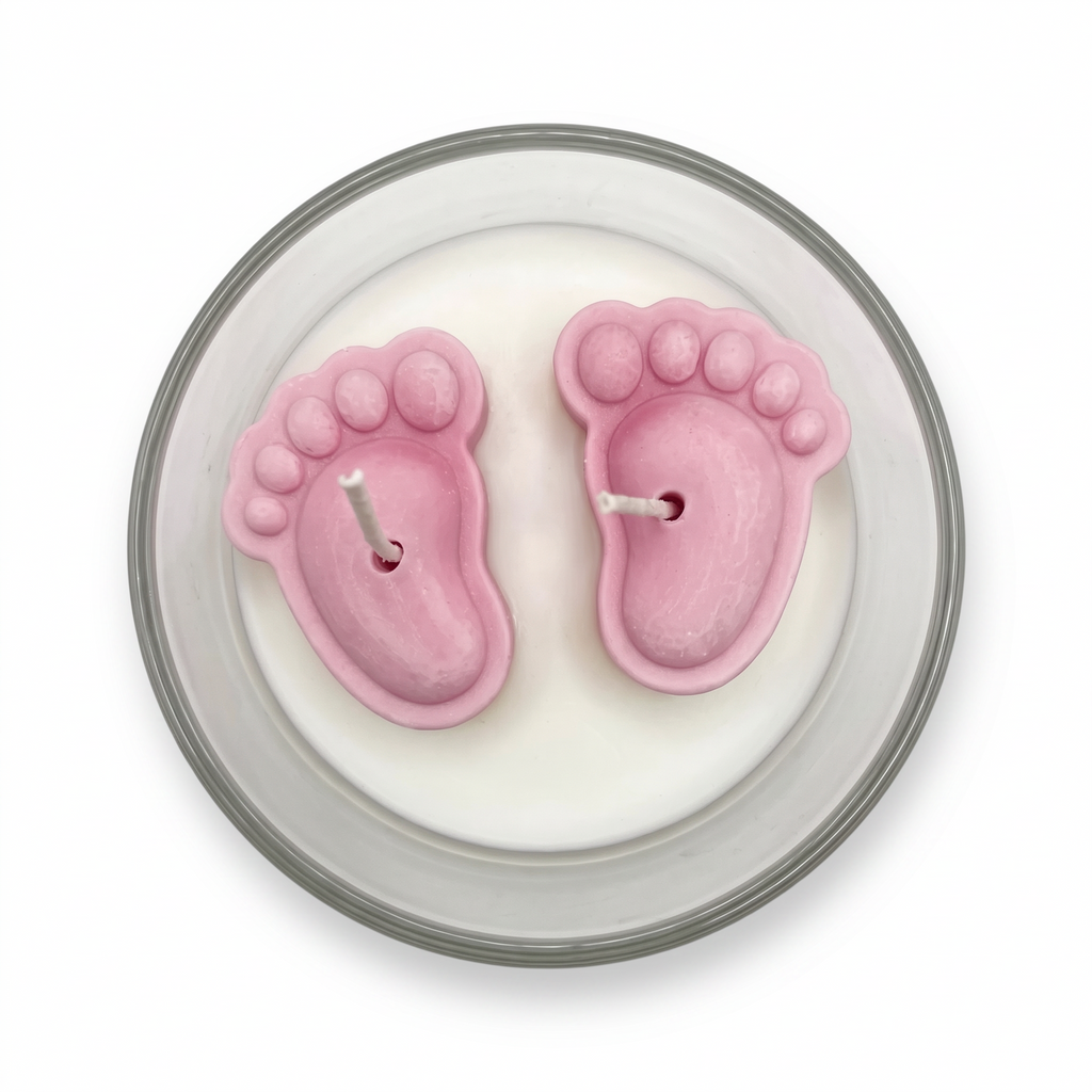 Sojakerze „Rosa Füßchen“ zur Babyshower für ein Mädchen, Duft „Soft Linen“, 50 g