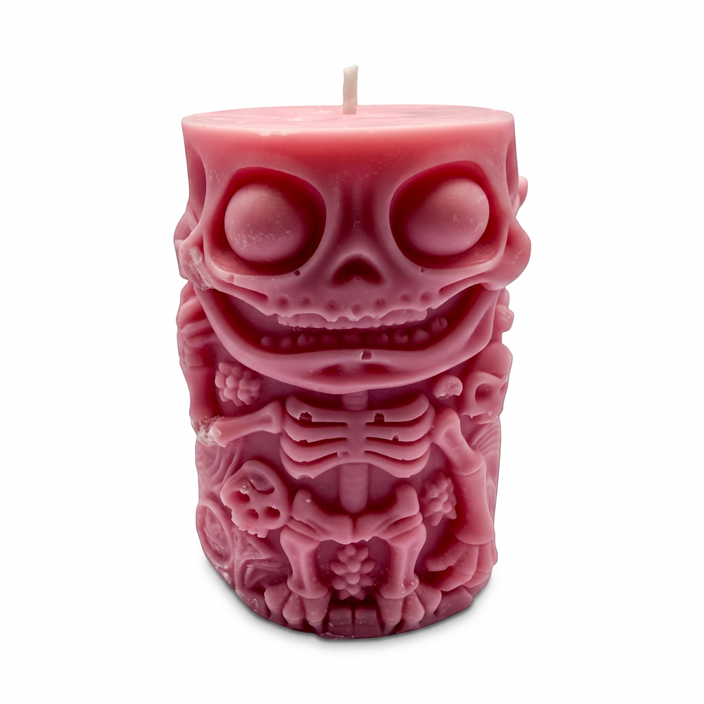 Halloween-Sojakerze im Zylinderdesign, Skelettfigur, Rosa, Pumpkin Spice, 250 g