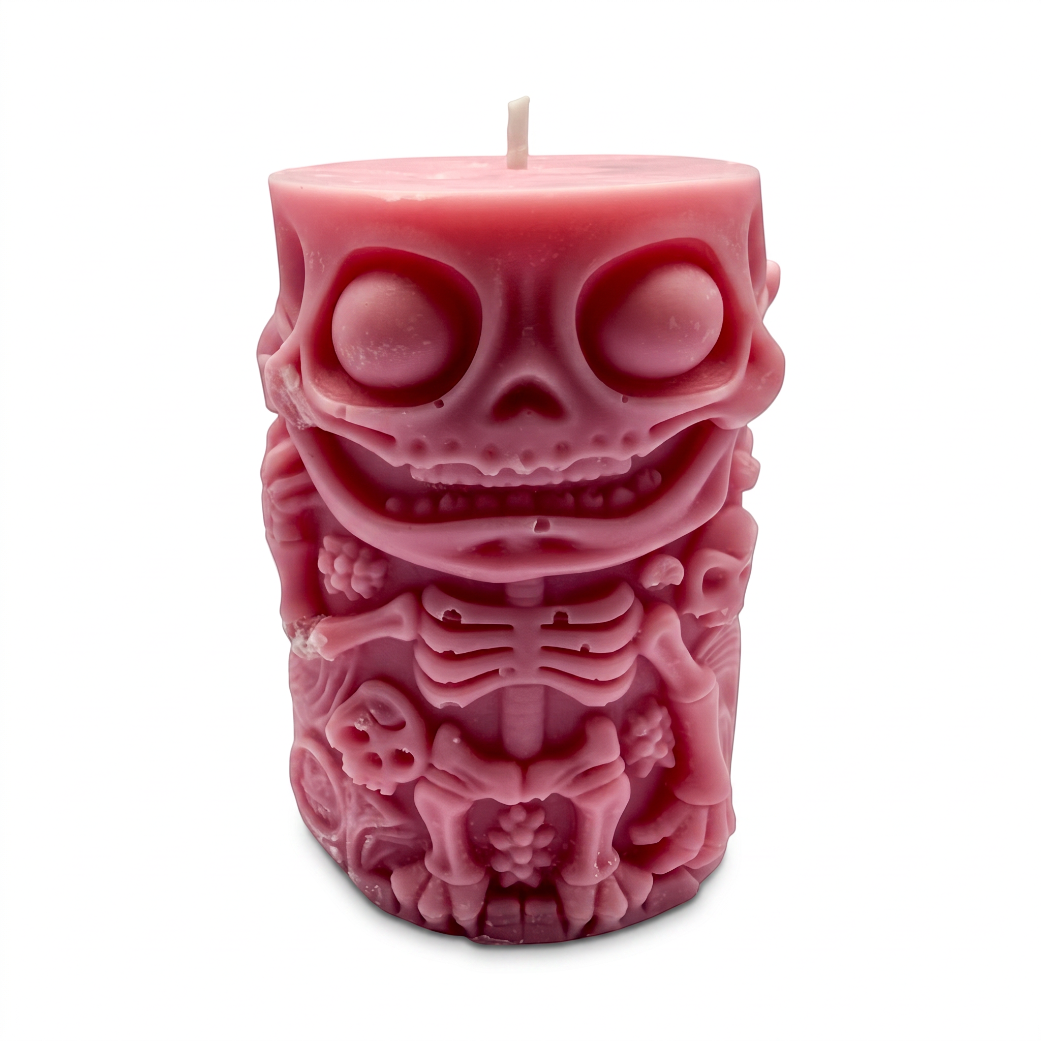 Sójová svíčka Halloween, válec s figurkou kostlivce, růžová, Pumpkin Spice, 250g