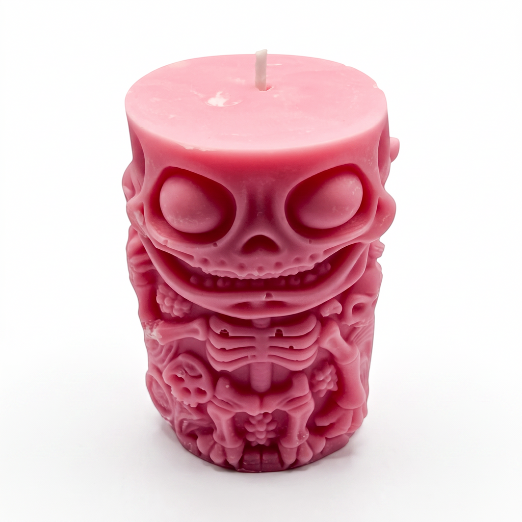 Halloween-Sojakerze im Zylinderdesign, Skelettfigur, Rosa, Pumpkin Spice, 250 g